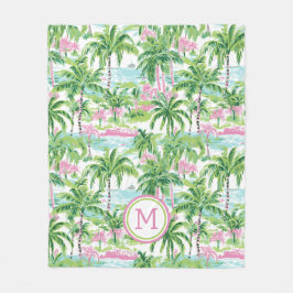 Preppy Pink und Green Tropical Palm Trees Monogram Fleecedecke