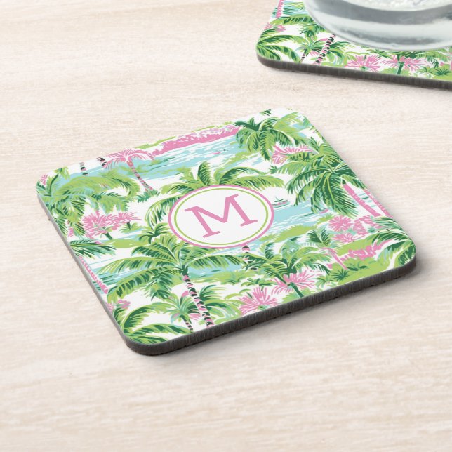 Preppy Pink und Green Tropical Palm Trees Monogram Getränkeuntersetzer (Linke Seite)