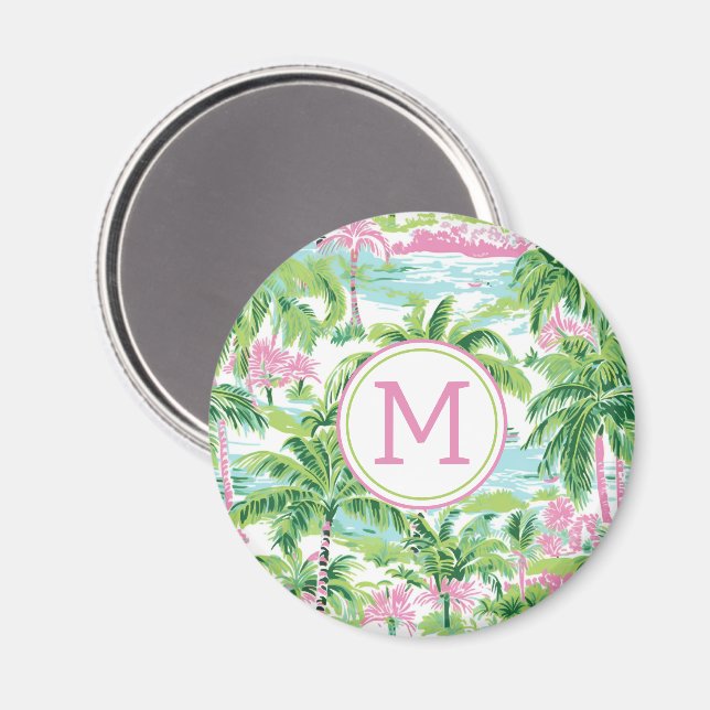 Preppy Pink und Green Tropical Palm Trees Monogram Magnet (Vorderseite/Rückseite)