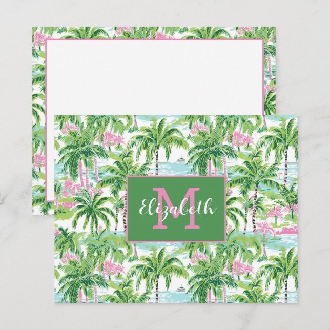 Preppy Pink und Green Tropical Palm Trees Monogram Mitteilungskarte (Vorne/Hinten)