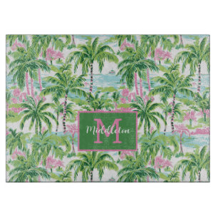 Preppy Pink und Green Tropical Palm Trees Monogram Schneidebrett