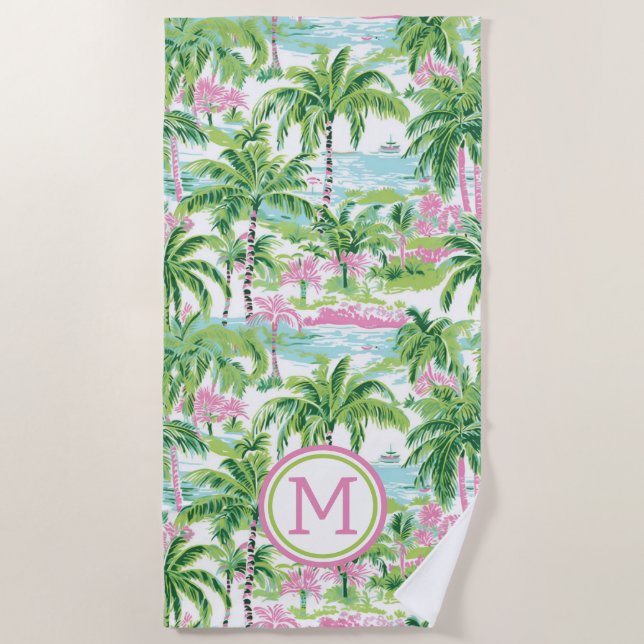 Preppy Pink und Green Tropical Palm Trees Monogram Strandtuch (Vorderseite)