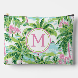 Preppy Pink und Green Tropical Palm Trees Monogram Zubehörtasche