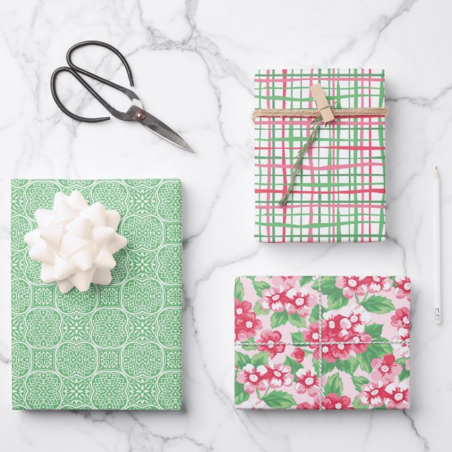 Preppy Pink und Green Wrapping Paper (Set 3) Geschenkpapier Set (Vorderseite)