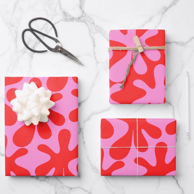 Preppy Pink und Red Amoeba Modernes Muster Geschenkpapier Set (Vorderseite)
