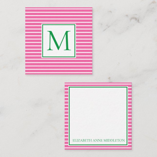 Preppy-Pink und White Strip mit grüner Monogramm Mitteilungskarte (Vorne/Hinten)