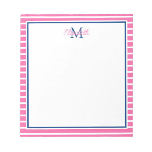 Preppy Pink und White Strip mit Navy Monogram Notizblock