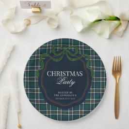 Preppy Plaid Christmas Party Green Navy Tartan Pappteller