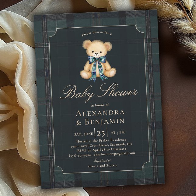 Preppy Plaid Tartan Teddy Bow Coed Boy Baby Shower Einladung (preppy baby shower invitation teddy bear tartan plaid bow elegant country club modern classic coed)