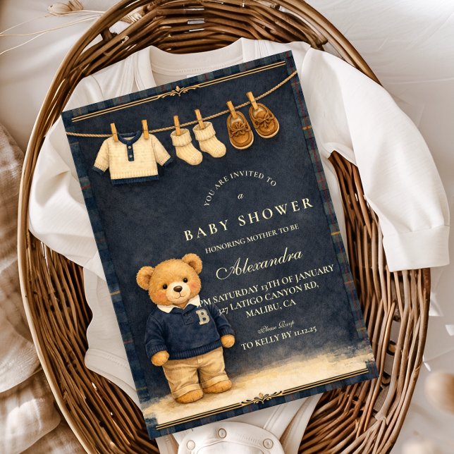 Preppy Plaid Teddy Bear Baby Shower Einladung (Von Creator hochgeladen)