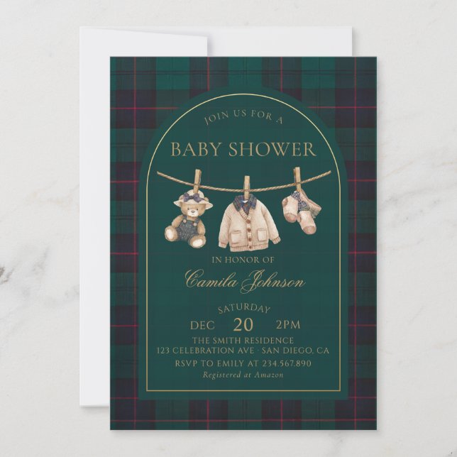 Preppy Plaid Teddy Bear Baby Shower Invitation Einladung (Vorderseite)