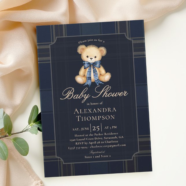 Preppy Plaid Teddy Bear Bow Blue Boy Baby Shower Einladung (preppy baby shower invitation teddy bear blue plaid bow elegant country club modern classic)