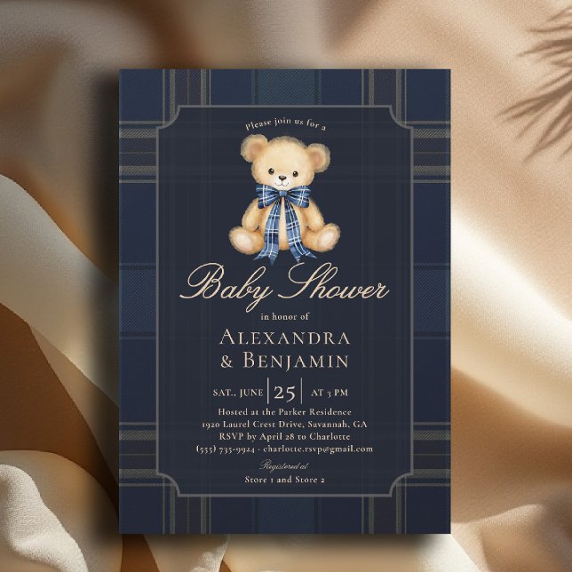 Preppy Plaid Teddy Bow Blue Coed Boy Baby Shower Einladung (preppy baby shower invitation teddy bear blue plaid bow elegant country club modern classic coed)