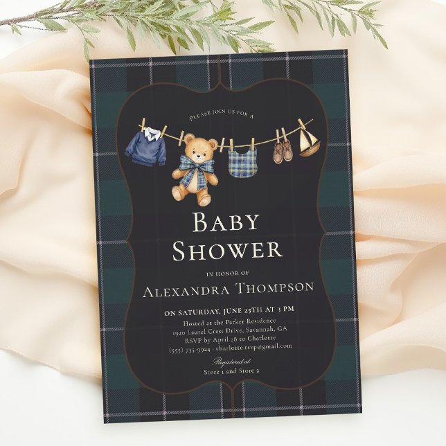 Preppy Plaid Teddy Bow Clothesline Boy Baby Shower Einladung (preppy baby shower invitation teddy bear blue plaid bow elegant country club clothesline)