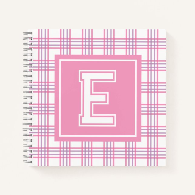 Preppy Plaid Varsity Monogram Pink Purple Square Notizbuch (Vorderseite)
