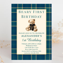 Preppy Plaid Vintage Beary First Boy 1st Birthday Einladung