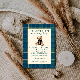 Preppy Plaid Vintage Teddy Bear Boy 2nd Birthday Einladung