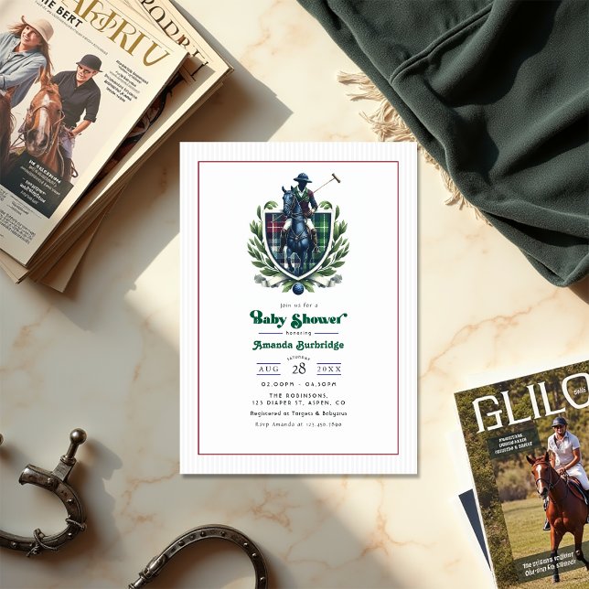 Preppy Polo Baby Shower Reittier Tartan Wappen Einladung (Preppy Polo Baby Shower Equestrian Tartan Crest Invitation)