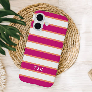 Preppy Raspberry Pink Stripe Monogram iPhone 16 Hülle