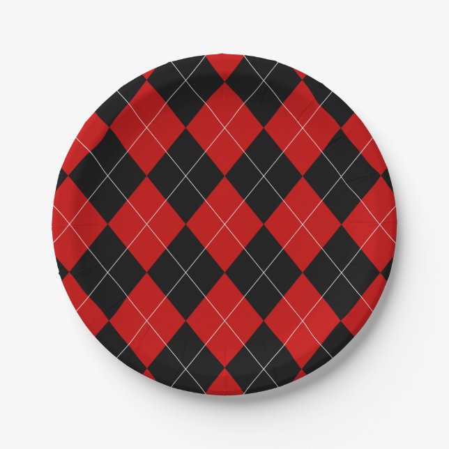 Preppy Raute Tartan Diamond Kariert Red Black Pappteller (Vorderseite)