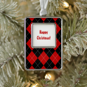 Preppy Raute Tartan Diamond Kariert Red Black Rahmen-Ornament Silber
