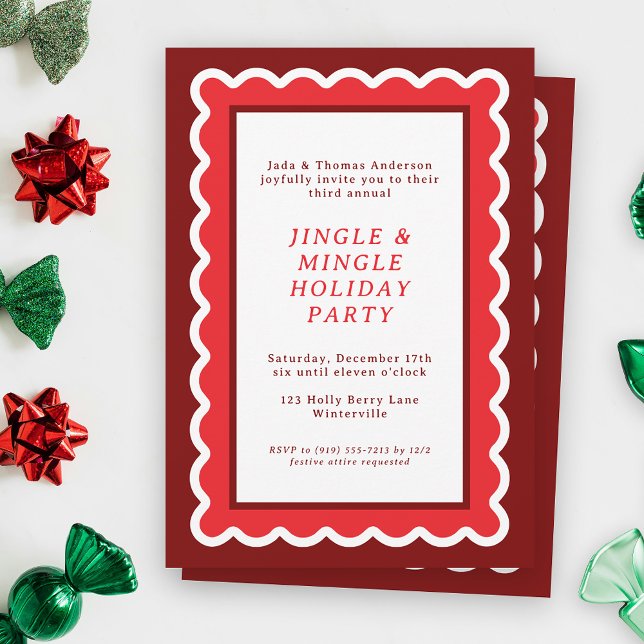 Preppy Red and White Simple Scallop Weihnachten Einladung (A scalloped holiday party invitation feels festive, bold and bright in shades of Christmas red)