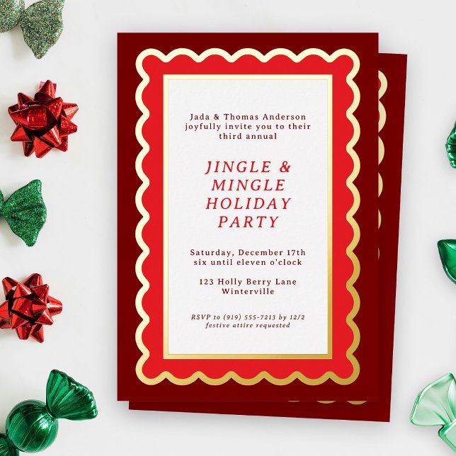 Preppy Red and White Simple Scallop Weihnachten Folieneinladung (A scalloped holiday party invitation feels festive and bold and bright in shades of Christmas red)