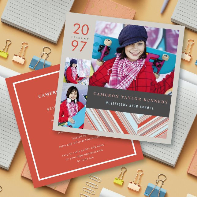 Preppy Red Button Stripes Foto Graduation Party Einladung (Von Creator hochgeladen)