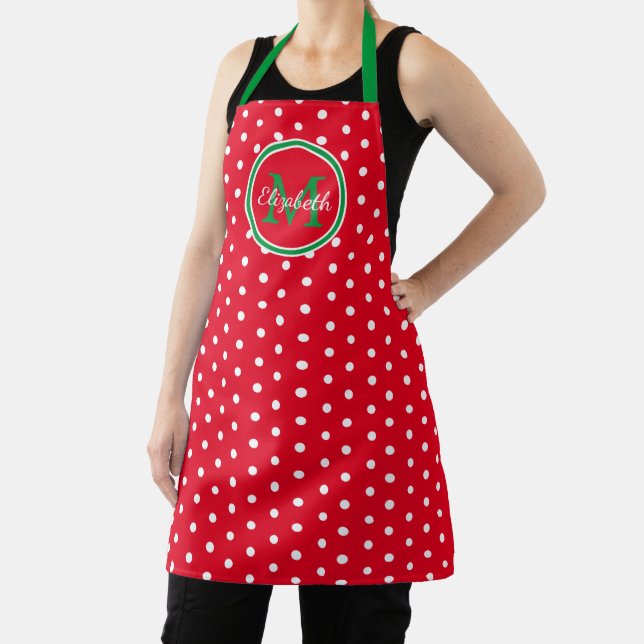 Preppy Red Green and White Polka Dot Monogram Schürze (InSitu)