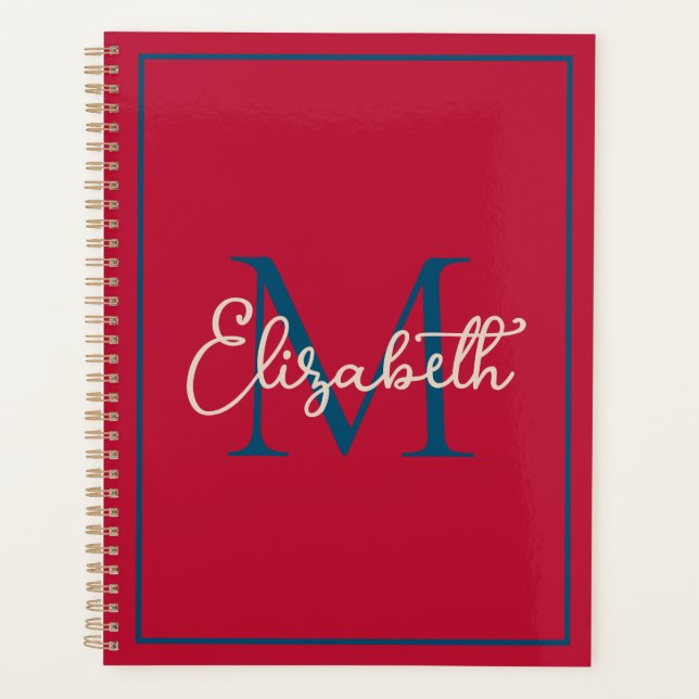 Preppy Red Navy Blue und Creme Monogram Planer (Vorderseite)