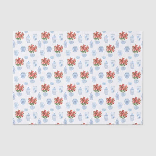 Preppy Red Poinsettia Ginger Jar Weihnachtsfeierta Seidenpapier (Vorderseite)