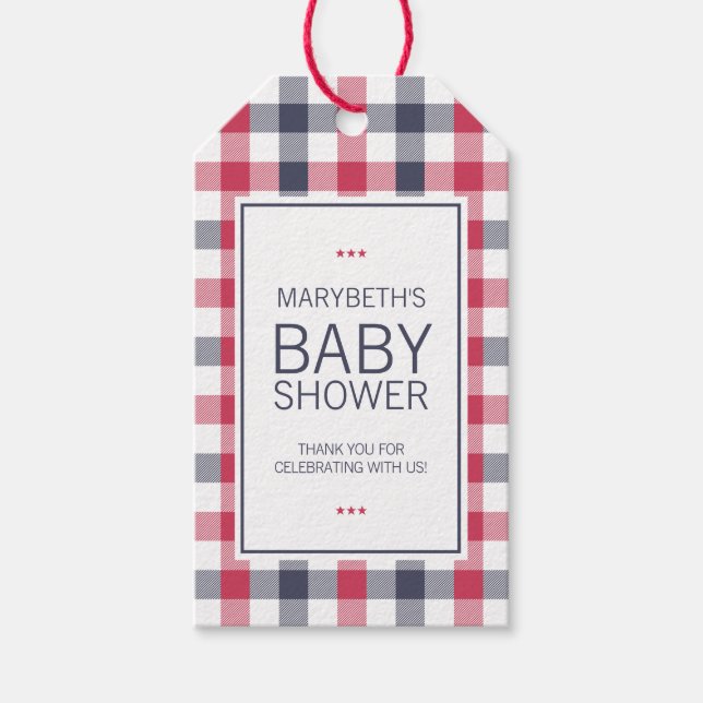 Preppy Red, White & Blue Kariert Baby Dusche Geschenkanhänger (Vorderseite)