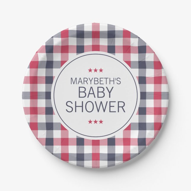Preppy Red, White & Blue Kariert Baby Dusche Pappteller (Vorderseite)