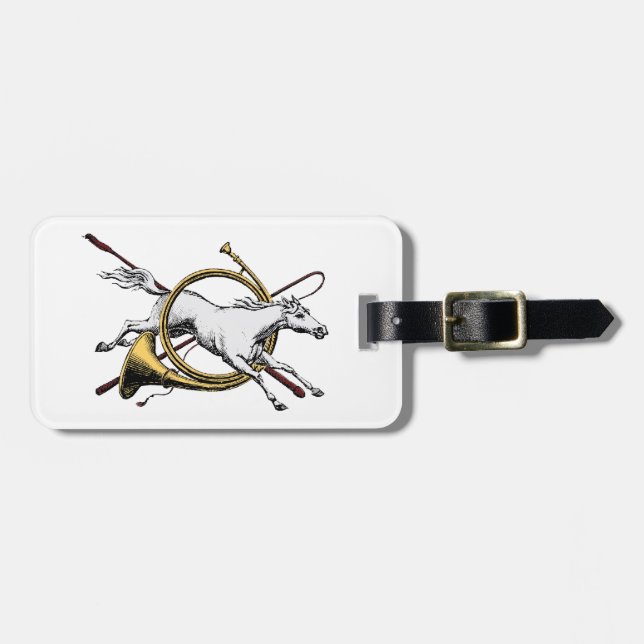Preppy Reitpferd springt durch Hornfarbe Gepäckanhänger (Vorderseite horizontal)
