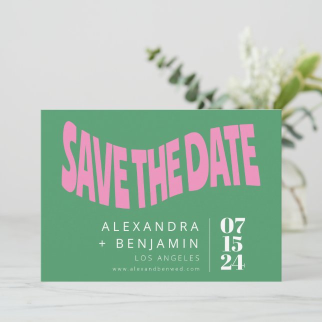 Preppy Retro-Mod Einzigartiges Foto Rosa, benutzer Save The Date (Stehend Vorderseite)