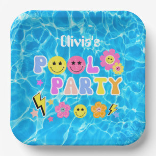 Preppy Retro Y2K Pool Party Happy Face Geburtstag Pappteller