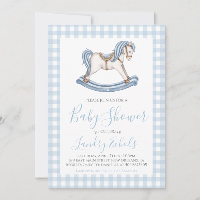 Preppy Rocking Horse Blue Boy Baby Shower Einladung (Vorderseite)