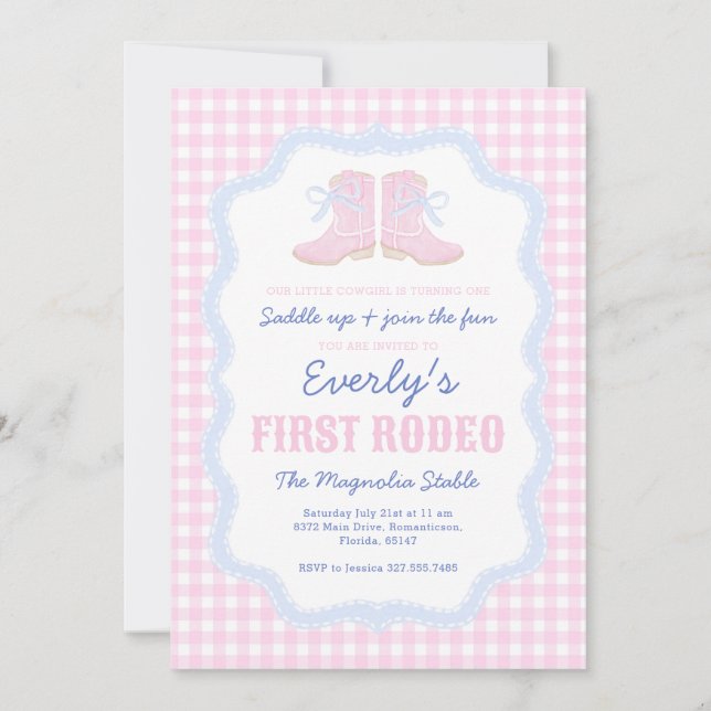 Preppy Rodeo First Birthday Cowgirl Boots Einladung (Vorderseite)