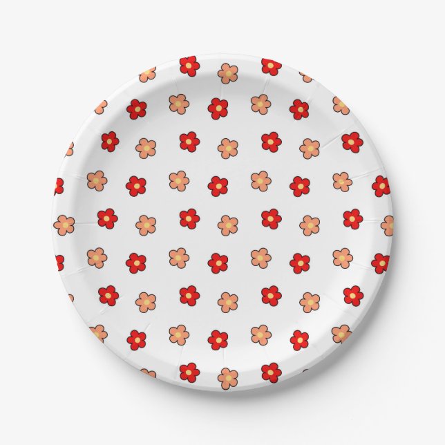 Preppy rosa rotes Blume Muster Weißer Hintergrund Pappteller (Vorderseite)