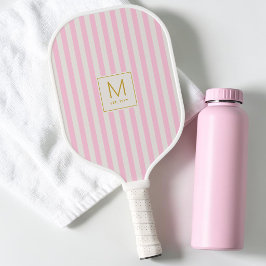 Preppy Rosa Streifen Einfaches Gold Initialen Mono Pickleball Schläger