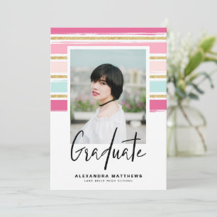 Preppy Rosa und Gold Glitter-Foto-Abschluss Einladung