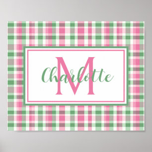 Preppy-Rosa und Grün kariertes Monogramm Poster