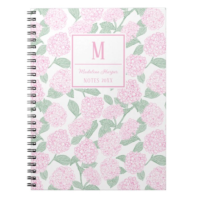 Preppy-Rosa- und Grüne Hortensien Monogramm Notizblock (Vorderseite)