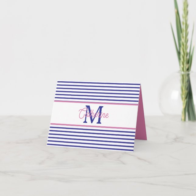 Preppy Rosa und Navyblau gestreift einfaches Monog (Vorderseite)