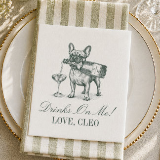 Preppy Sage Green French Bulldog Champagne Wedding Serviette