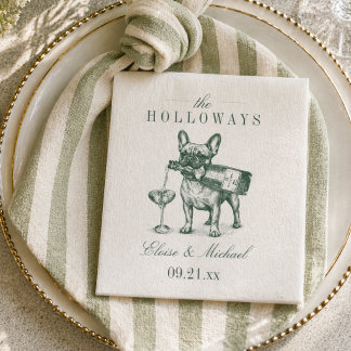 Preppy Sage Green French Bulldog Champagne Wedding Serviette