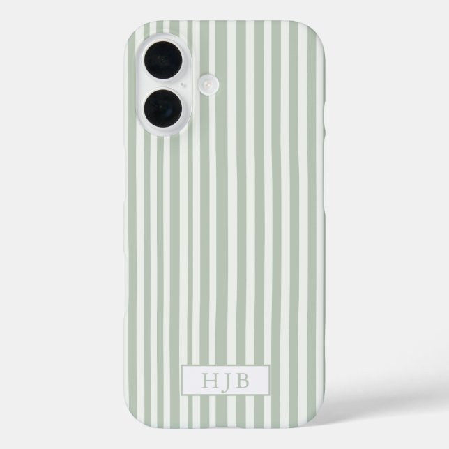 Preppy Sage Green Stripe Monogram Hübsch iPhone 16 Case-Mate iPhone Hülle (Rückseite)