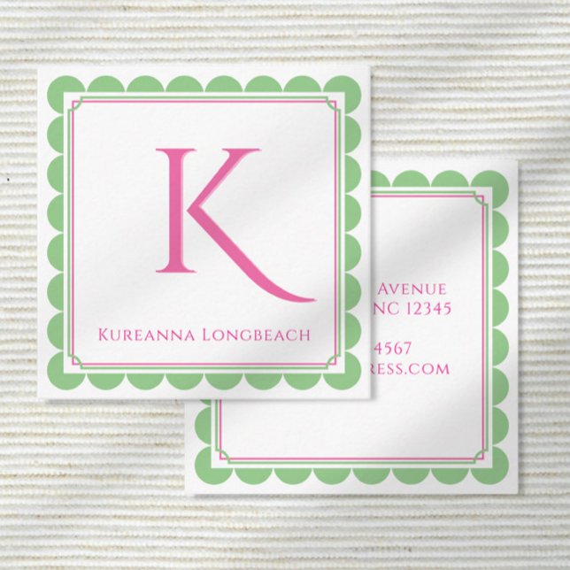 Preppy Scallop Monogram Pink & Minze Green Calling Begleitkarte (Von Creator hochgeladen)