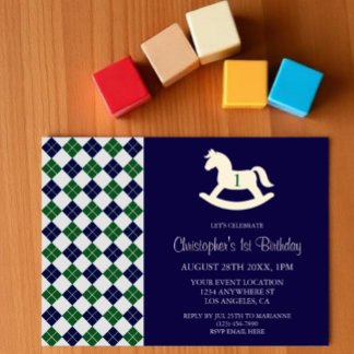 Preppy-Schaukelpferd Argyle 1. Geburtstag Einladung