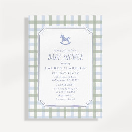 Preppy Schaukelpferd Blau und Salbei Kariert Baby- Einladung